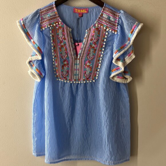 THML Blue Striped Embroidered Blouse - Picture 2 of 7